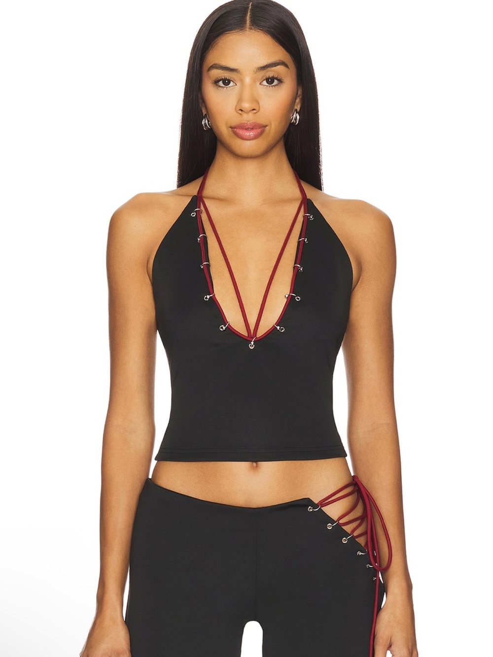 I.AM.GIA Onyx Black Halter Lace-Up Crop Top with Burgundy Trim